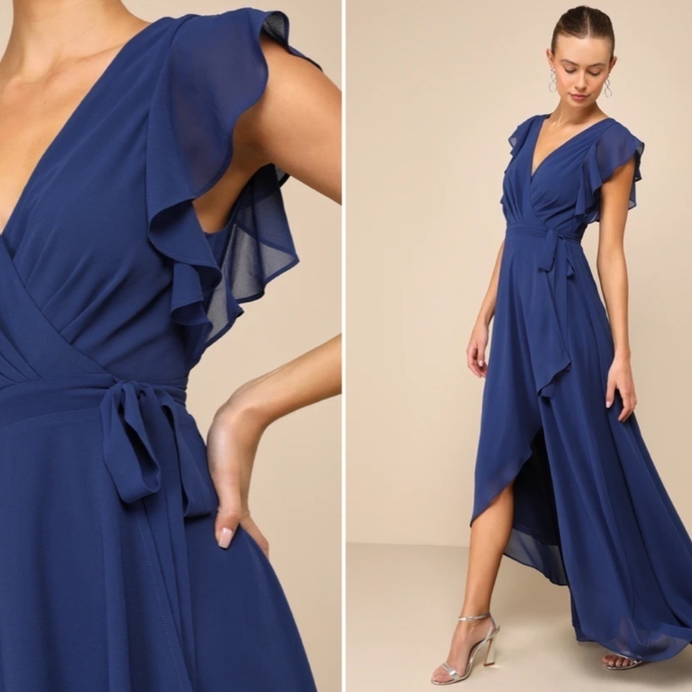 LULU's Prom Wedding Bridesmaid Elegant Romantic Ruffles Wrap Maxi Dress NWOT